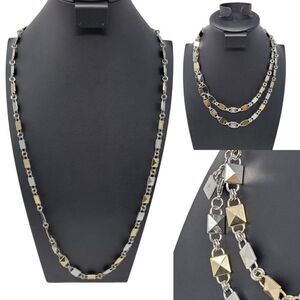 Vintage Chaps Gold Silver Metal Geometric Square Charm Long Necklace Hip Belt